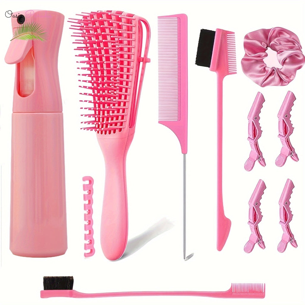 Complete Hair Care Set for Natural Hair: 10-Piece Brush and Comb Set with Spray Bottle and Detangling Brush for Wet and Dry Hair